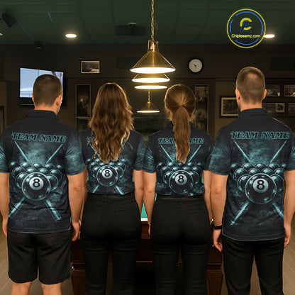 Custom Teal Smoke Grunge Skull Pool 8 Ball Men Billiard Shirt Personalized Ball Billiard Attire NYN2592