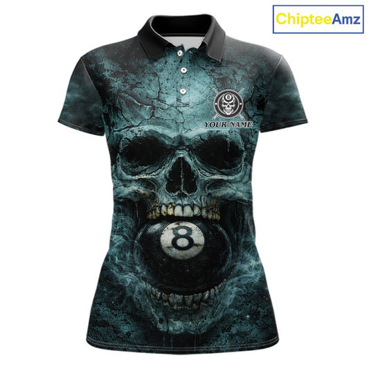 Custom Teal Smoke Grunge Skull Pool 8 Ball Women Billiard Shirt Personalized Ball Billiard Attire NYN2592