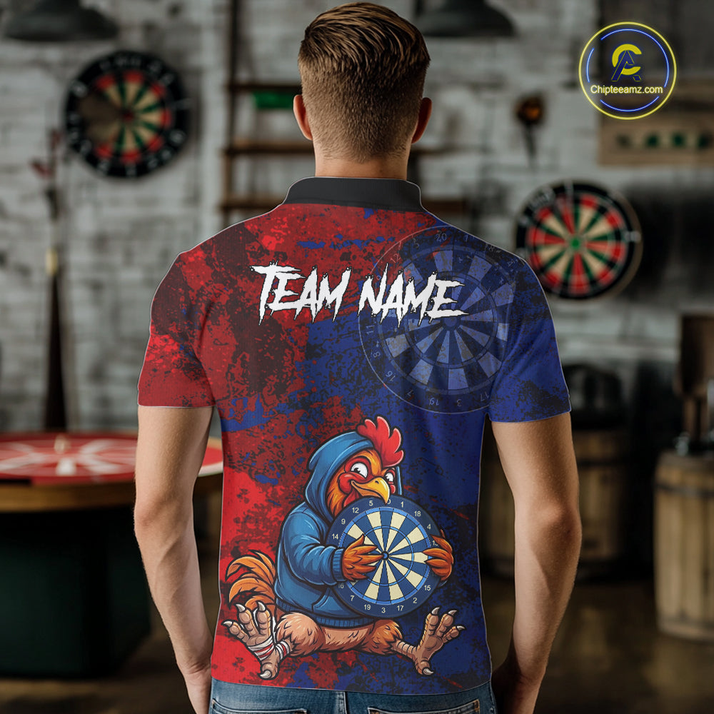 Blue And Red Grunge Funny Rooster Darts Shirt For Men Custom Name & Team Dart Outfits Jerseys NYN3162