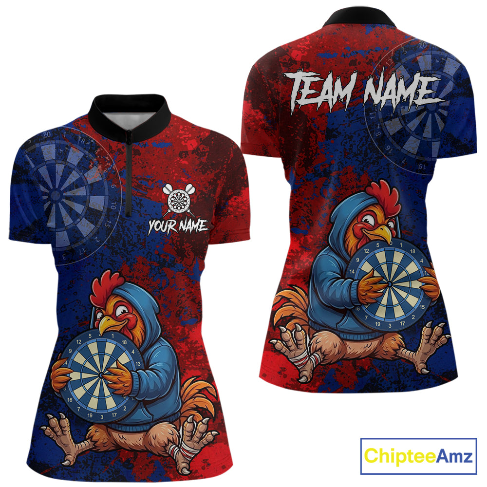 Blue And Red Grunge Funny Rooster Darts Shirt For Women Custom Name & Team Dart Outfits Jerseys NYN3162