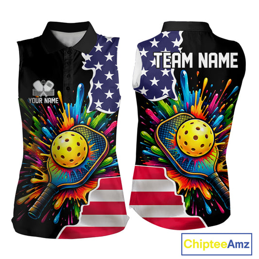 Custom American flag patriotic pickleball sleeveless polo for women colorful splatter pickleball jersey black