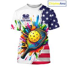Load image into Gallery viewer, Custom American flag patriotic pickleball tshirt for men colorful splatter pickleball jersey white