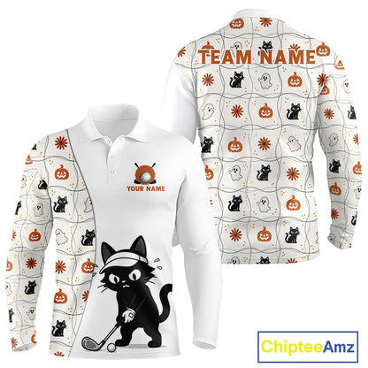 Funny Cat Golfer men's golf polo, Halloween golf shirt, personalized golf team uniform, moisture-wicking golf apparel