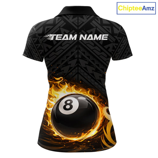 Yellow Tribal Flaming Pool 8 Ball Women Billiard Polo & 1/4-Zip Shirt Personalized Billiard Attire NYN2601