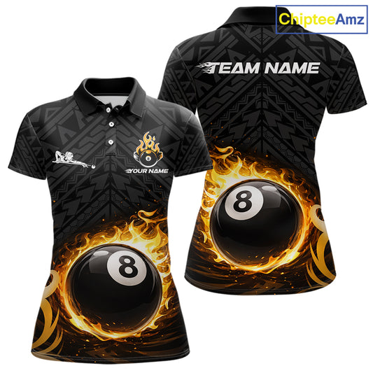 Yellow Tribal Flaming Pool 8 Ball Women Billiard Polo & 1/4-Zip Shirt Personalized Billiard Attire NYN2601