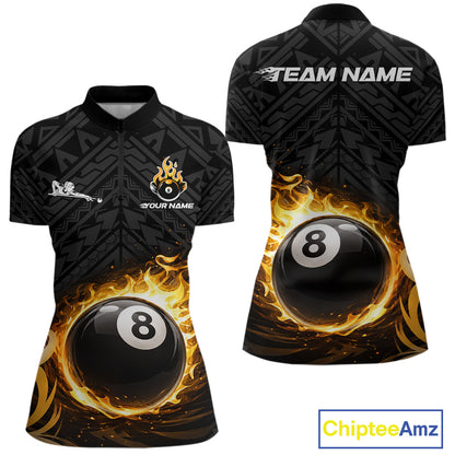 Yellow Tribal Flaming Pool 8 Ball Women Billiard Polo & 1/4-Zip Shirt Personalized Billiard Attire NYN2601