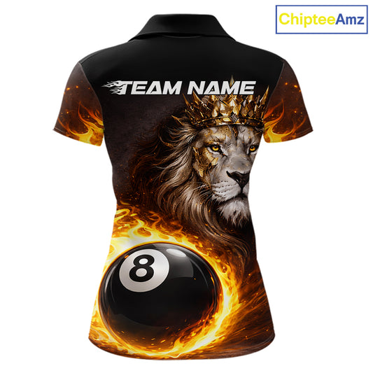 Yellow Flames Crown Lion Pool 8 Ball Women Billiard Polo & 1/4-Zip Shirt Custom Billiard Attire NYN2605