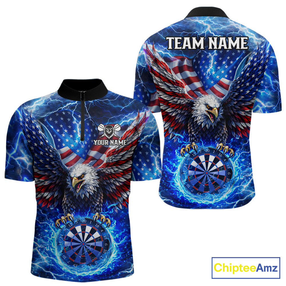 Patriotic Eagle Blue Flames Thunder Dartboard Women Darts Quarter-Zip Shirt Custom US Flag Darts Jersey NYN2607