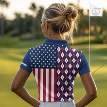 Load image into Gallery viewer, Womens Golf Polo Shirts American Flag Patriotic Custom Golf Ball Argyle Pattern Womens Golf Polos NYN3381