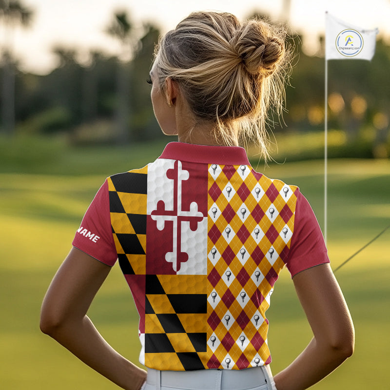 Womens Golf Polo Shirts Maryland Flag Patriotic Custom Golf Ball Argyle Pattern Womens Golf Polos NYN3382