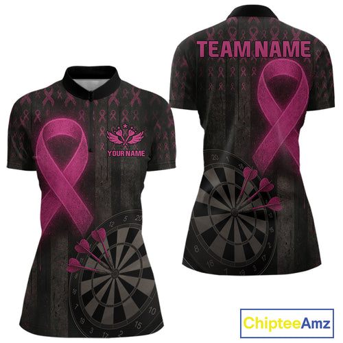 Grunge Pink Ribbon Dartboard Custom Breast Cancer Awareness Darts Quarter-Zip Shirt For Women NYN1825