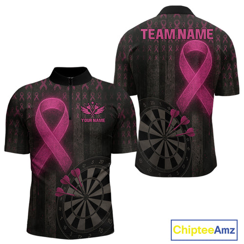 Grunge Pink Ribbon Dartboard Custom Breast Cancer Awareness Darts Quarter-Zip Shirt For Men NYN1825