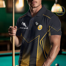 Load image into Gallery viewer, Male billiard player wearing Yin Yang pool jersey during championship match, premium billiard apparel for strategic players, martial arts fans and tournament competitors, symbolizing balance, discipline and competitive excellence.