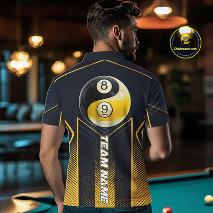 Male billiard player wearing Yin Yang pool jersey during championship match, premium billiard apparel for strategic players, martial arts fans and tournament competitors, symbolizing balance, discipline and competitive excellence.