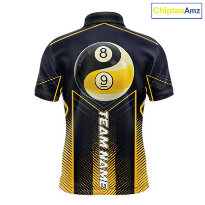 Men's billiard polo featuring yellow lightning, Yin Yang artwork with 8 ball and 9 ball graphics, personalized pool apparel for APA leagues, Zen lifestyle enthusiasts and tournament players, symbolizing balance, focus and precision.