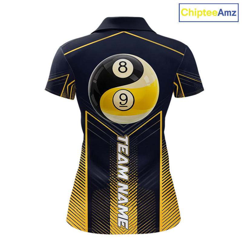 Women's billiard polo with vibrant yellow strike effects, Yin Yang artwork and billiard balls, custom pool apparel for APA leagues, Zen lifestyle enthusiasts and tournament players