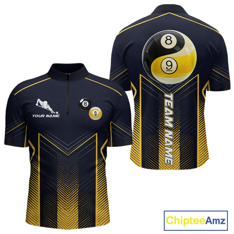 Men's quarter-zip billiard jersey with yellow strike effects, Yin Yang symbol, 8 ball and 9 ball graphics, custom performance apparel for BCA tournaments, league championships and competitive teams, representing harmony and winning mindset.
