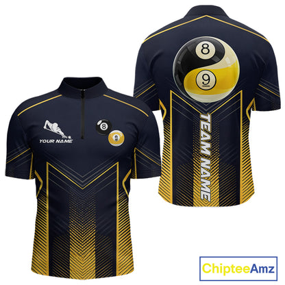 Men's quarter-zip billiard jersey with yellow strike effects, Yin Yang symbol, 8 ball and 9 ball graphics, custom performance apparel for BCA tournaments, league championships and competitive teams, representing harmony and winning mindset.