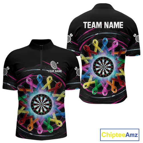 Multicolor Ribbon Circle Dartboard Custom Breast Cancer Awareness Darts Men Quarter-Zip Shirt NYN1831