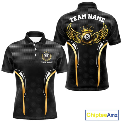 Black & Gold 8 Ball Crown Men's Billiard Polo & 1/4 Zip Shirt Custom Pool Billiard Jerseys NYN2346