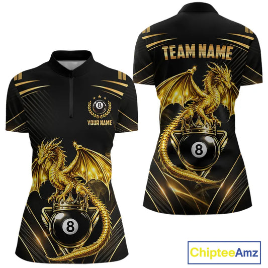 Black & Gold 8 Ball Crown Women's Billiard Team Shirt Custom Dragon Pool Billiard Jerseys NYN2348