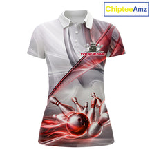 Load image into Gallery viewer, Women's bowling polo featuring white and red smoke with realistic bowling ball and pins, personalized bowling apparel for league play, USBC tournaments, competitive bowlers and team uniforms, symbolizing passion, strength and victory.