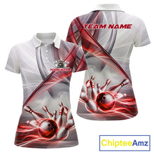 Load image into Gallery viewer, Women's bowling polo featuring white and red smoke with realistic bowling ball and pins, personalized bowling apparel for league play, USBC tournaments, competitive bowlers and team uniforms, symbolizing passion, strength and victory.