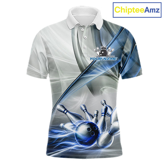 Men's bowling polo featuring white and blue smoke with bowling ball and pins, personalized performance bowling shirt for bowling leagues, USBC championships, bowling clubs and team uniforms, symbolizing trust, precision and teamwork.