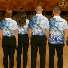 Load image into Gallery viewer, Men women bowling team wearing matching white and blue smoke bowling jerseys during tournaments and league play, representing teamwork, precision, sportsmanship and championship success.