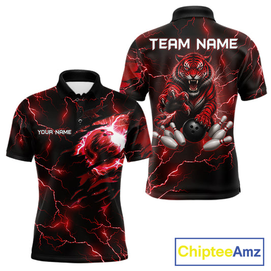 Men's bowling polo featuring fierce red thunder lightning tiger with bowling graphics, personalized performance bowling shirt for tiger lovers, league bowlers, championship tournaments and competitive athletes, symbolizing strength, courage and leadership.