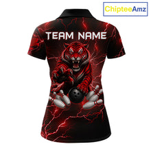 Load image into Gallery viewer, Women's bowling polo featuring fierce red thunder lightning tiger with bowling graphics, personalized bowling apparel for tiger lovers, competitive athletes, league bowlers and tournament champions, symbolizing courage, strength and determination.