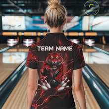 Load image into Gallery viewer, Female bowler wearing red thunder tiger bowling jersey during tournament competition, premium bowling apparel for sports enthusiasts, wildlife fans and league champions, symbolizing leadership, confidence and fearless performance.