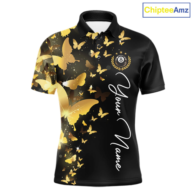 Men's billiard polo featuring funny butterfly, yellow lightning and glowing 8 ball graphics, personalized performance pool apparel for APA leagues, BCA tournaments, butterfly lovers, fantasy art enthusiasts and custom team uniforms, symbolizing transformation, optimism and victory.