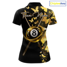Load image into Gallery viewer, Women's billiard polo featuring funny butterfly, yellow lightning and glowing 8 ball graphics, personalized performance pool apparel for APA leagues, BCA tournaments, butterfly lovers, fantasy art fans and custom billiard teams, symbolizing transformation, optimism, energy and competitive excellence.
