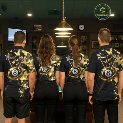 Men women billiard team wearing matching butterfly yellow lightning jerseys during APA league championships, custom team uniforms representing unity, teamwork, transformation, positive energy and championship spirit.
