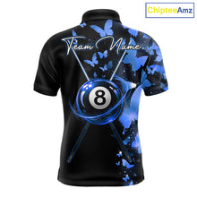 Load image into Gallery viewer, Men's billiard polo featuring butterfly, blue lightning and realistic 8 ball graphics, personalized performance pool shirt for APA leagues, artistic athletes, butterfly lovers and competitive billiard teams, symbolizing wisdom, freedom and precision.