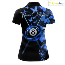 Load image into Gallery viewer, Women's billiard polo featuring butterfly, blue lightning and realistic 8 ball graphics, personalized performance pool shirt for APA leagues, butterfly lovers, artistic athletes and custom billiard teams, symbolizing freedom, balance, wisdom and precision.