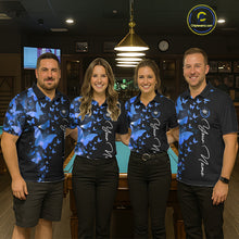 Load image into Gallery viewer, Men women pool team wearing matching butterfly blue lightning jerseys during league competition, personalized uniforms representing teamwork, harmony, focus, sportsmanship and championship success.