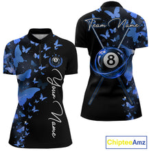 Load image into Gallery viewer, Women's quarter-zip billiard jersey featuring electric blue lightning with butterfly artwork and 8 ball graphics, custom tournament apparel for league play, BCA championships and professional pool teams, representing focus, confidence and excellence