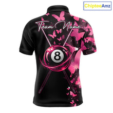 Load image into Gallery viewer, Men's billiard polo featuring funny butterfly, pink lightning and glowing 8 ball graphics, personalized performance apparel for pool leagues, butterfly lovers, creative athletes and team uniforms, symbolizing confidence, creativity and transformation.