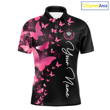 Load image into Gallery viewer, Men's billiard polo featuring funny butterfly, pink lightning and glowing 8 ball graphics, personalized performance apparel for pool leagues, butterfly lovers, creative athletes and team uniforms, symbolizing confidence, creativity and transformation.