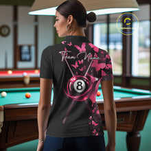Load image into Gallery viewer, Female billiard player wearing pink lightning butterfly billiard jersey during league tournament, premium athletic apparel for artistic sports enthusiasts, butterfly fans and competitive players, symbolizing confidence, friendship and success.