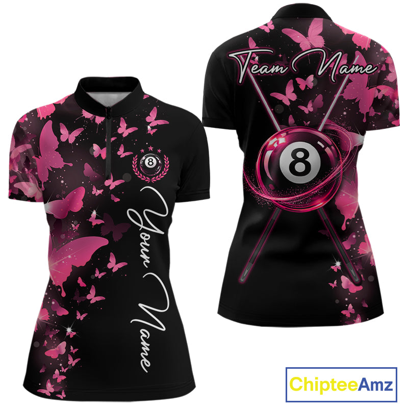Women's quarter-zip billiard jersey featuring pink lightning, butterfly artwork and realistic 8 ball graphics, premium tournament apparel for APA leagues, billiard clubs and team championships, representing joy, creativity and competitive spirit.