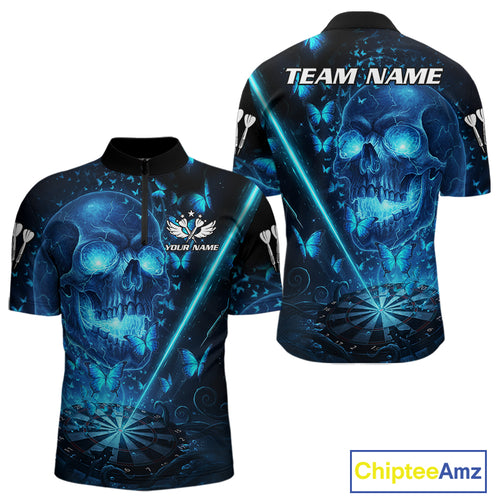Lightning Blue Butterflies Skull Dartboard Custom Men Darts Quarter-Zip Shirt Dart Jerseys NYN1848