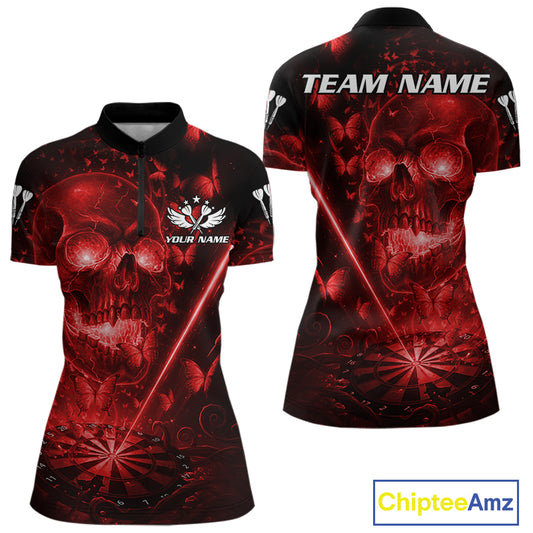 Lightning Red Butterflies Skull Dartboard Custom Women Darts Quarter-Zip Shirt Dart Jerseys NYN1849