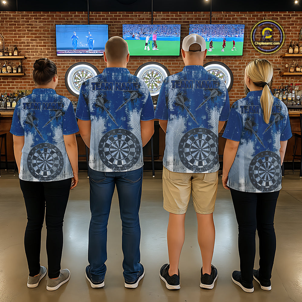 Blue Grey Grunge Dartboard Men Dart Polo & 1/4-Zip Shirt Custom Team Name Dart Jersey For Darters NYN2975