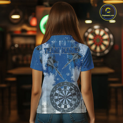 Blue Grey Grunge Dartboard Women Dart Polo & 1/4-Zip Shirt Custom Team Name Dart Jersey For Darters NYN2975