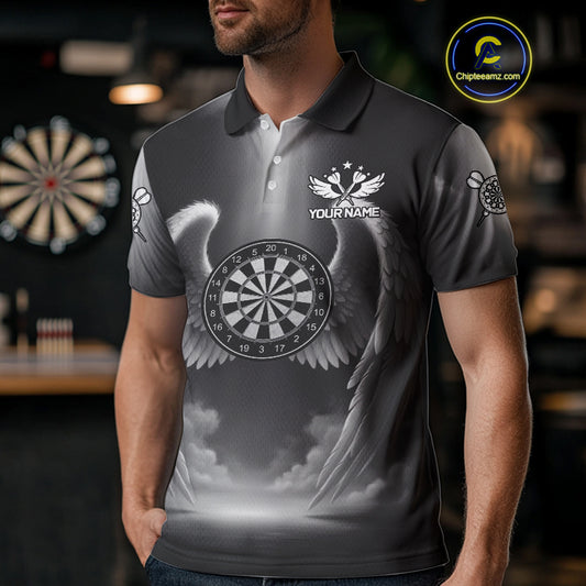 Grey Silver Wings Dartboard & Arrow Custom Men Darts Polo Shirt Outfits Dart Jerseys NYN1858