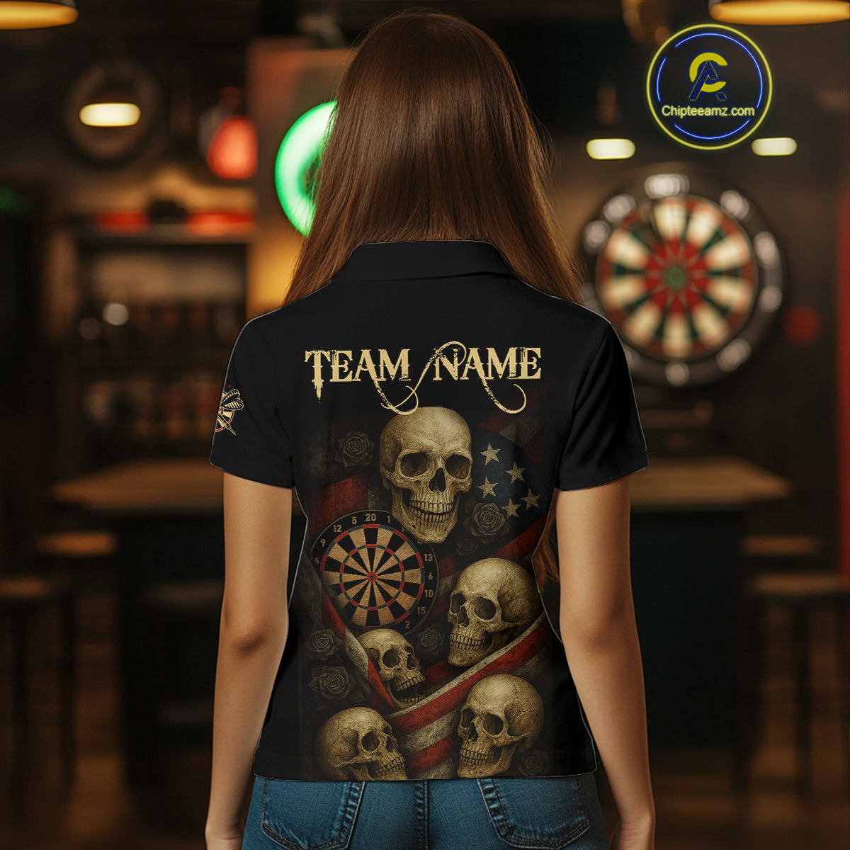 Custom Grunge Skull Dartboard Patriotic Dart Women Polo Shirt US Flag Dart Jerseys NYN1562