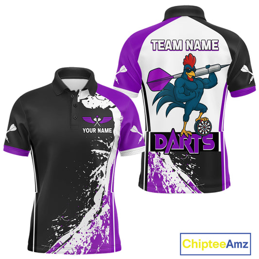 Purple Fiery Rooster Fury Dart Arrow Men Funny Darts Polo Shirt Custom Name Darts Jersey NYN2112
